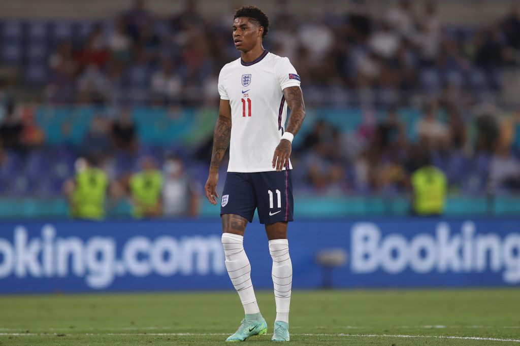 Marcus Rashford of England looks on during the UEFA Euro 2020 Championship Quarter-final match between Ukraine and England. (Photo by Lars Baron/Getty Images)