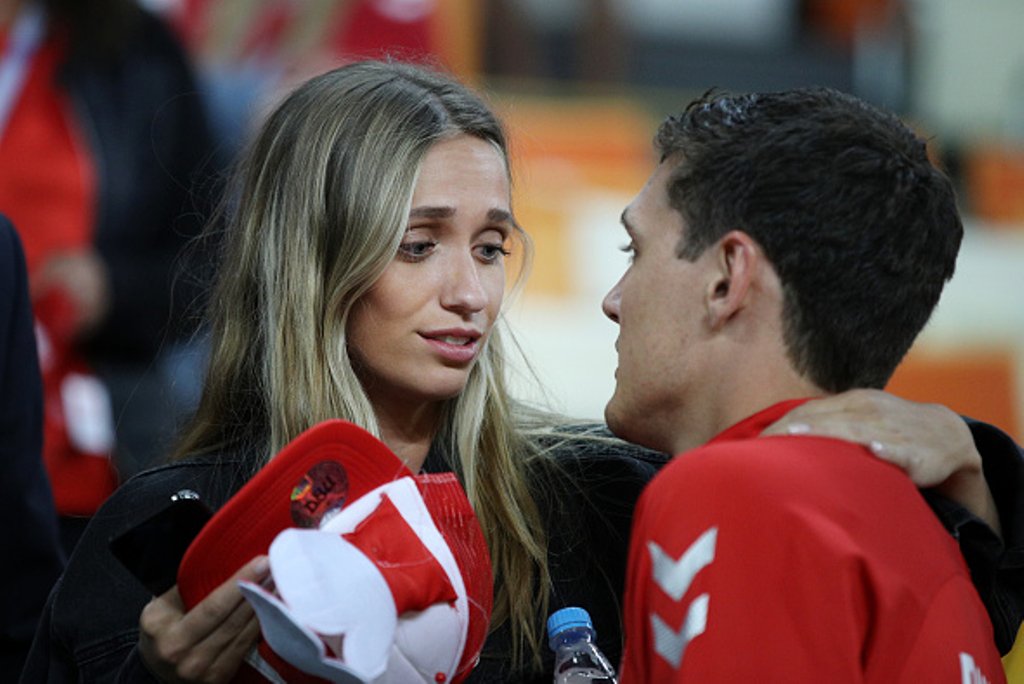Andreas Christensen and his girlfriend, Katrine Friis while sharing a moment in the stands. (Credit: Twitter) 