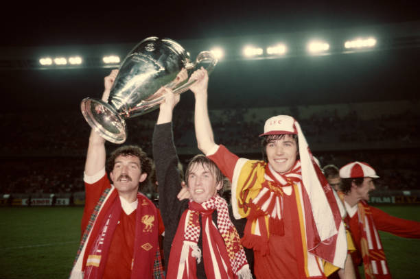 Liverpool's Scotland players from left to right, Graeme Souness, Kenny Dalglish and Alan Hansen celebrate with the Euopean Cup 