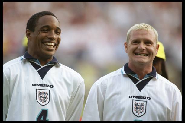  England players Paul Ince (left) and Paul Gascoigne smile for the camera after England beat Holland