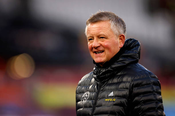  Chris Wilder, Manager of Sheffield United looks on prior to the Premier League match between West Ham United and Sheffield United at London Stadium on February 15, 2021 in London, England.