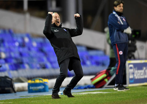 Lee Bowyer, Manager of Birmingham City celebrates their first goal scored by Lukas Jutkiewicz (not in picture) during the Sky Bet Championship match between Birmingham City and Reading at St Andrew's Trillion Trophy Stadium on March 17, 2021 in Birmingham, England 