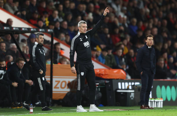 Steve Morison, Manager of Cardiff City reacts during the Sky Bet Championship match between AFC Bournemouth and Cardiff City at Vitality Stadium on December 30, 2021 in Bournemouth, England.