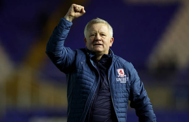 Chris Wilder, Manager of Middlesbrough celebrates after their sides victory during the Sky Bet Championship match between Birmingham City and Middlesbrough at St Andrew's Trillion Trophy Stadium on March 15, 2022 in Birmingham, England. 