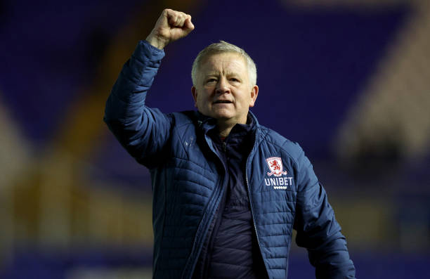 Chris Wilder, Manager of Middlesbrough celebrates after their sides victory during the Sky Bet Championship match between Birmingham City and Middlesbrough at St Andrew's Trillion Trophy Stadium on March 15, 2022 in Birmingham, England.