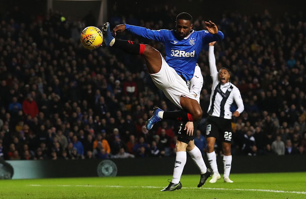 Jermain Defoe of Rangers attempts to reach a cross during the Ladbrokes Premiership match between Rangers and St. Mirren at Ibrox Stadium. (Photo by Ian MacNicol/Getty Images)