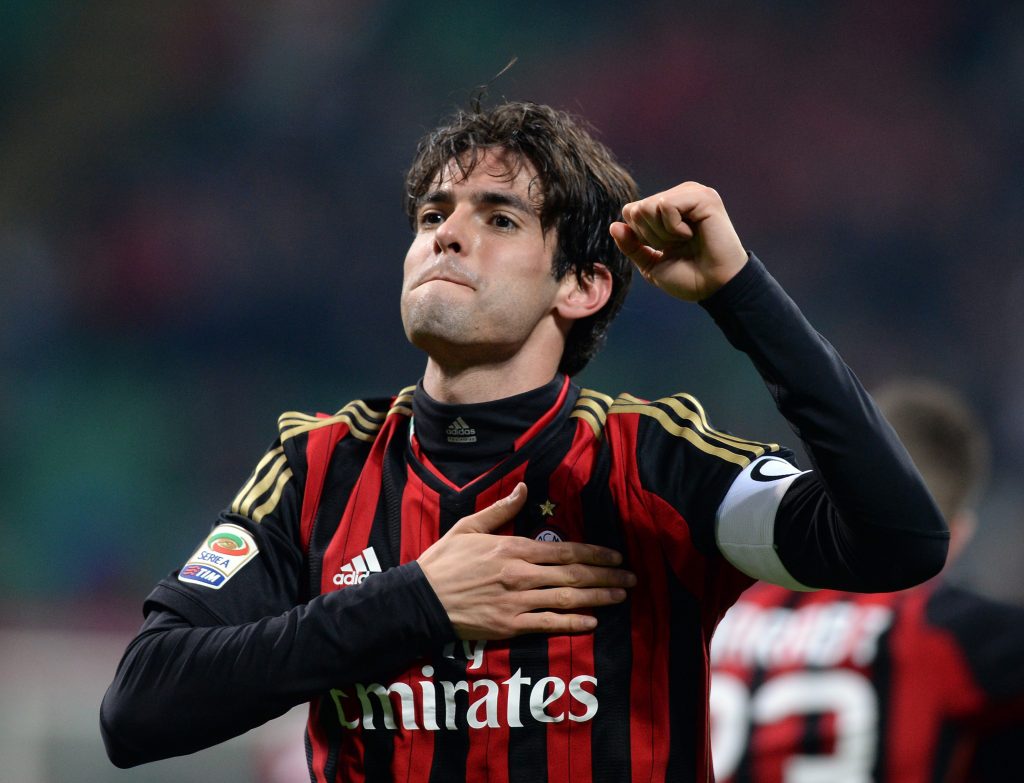 Kaka of AC Milan celebrates scoring the third goal during the Serie A match between AC Milan and AC Chievo Verona.  (Photo by Claudio Villa/Getty Images)
