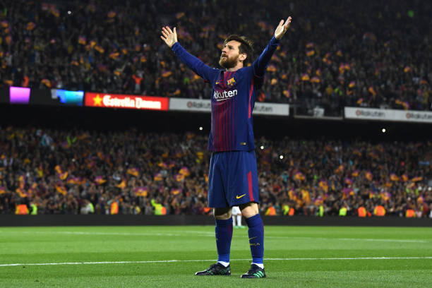  Lionel Messi of Barcelona celebrates after scoring 