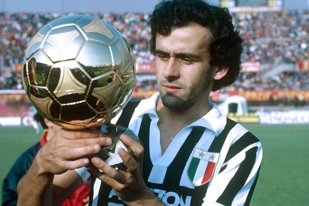 Michel Platini presenting his Ballon d'Or trophy to the Juventus fans.