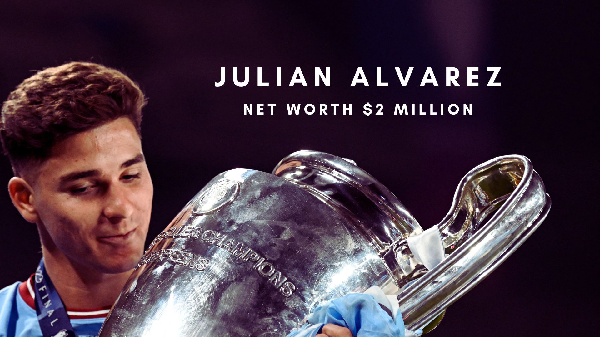 Manchester City's Argentinian striker #19 Julian Alvarez poses with the European Cup trophy.