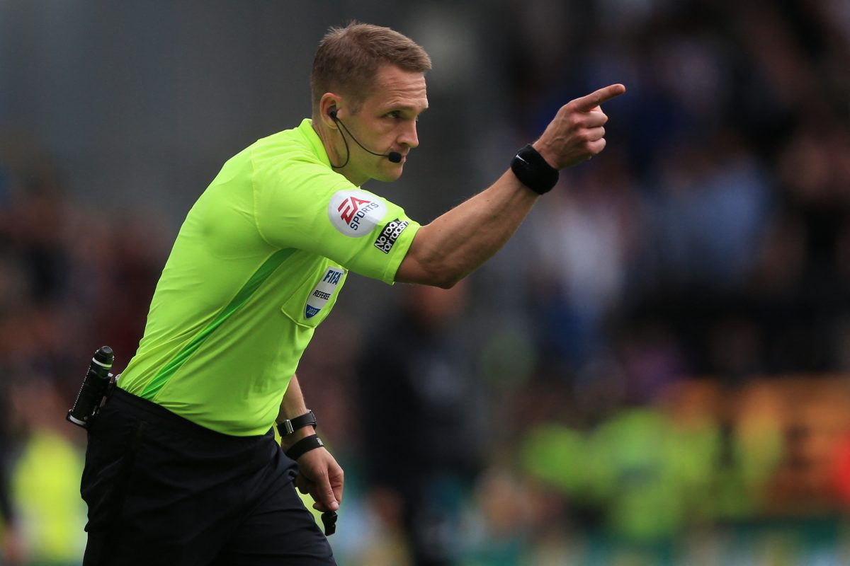 English referee Craig Pawson indicates a penalty to Newcastle during the English Premier League football match between Burnley and Newcastle. 