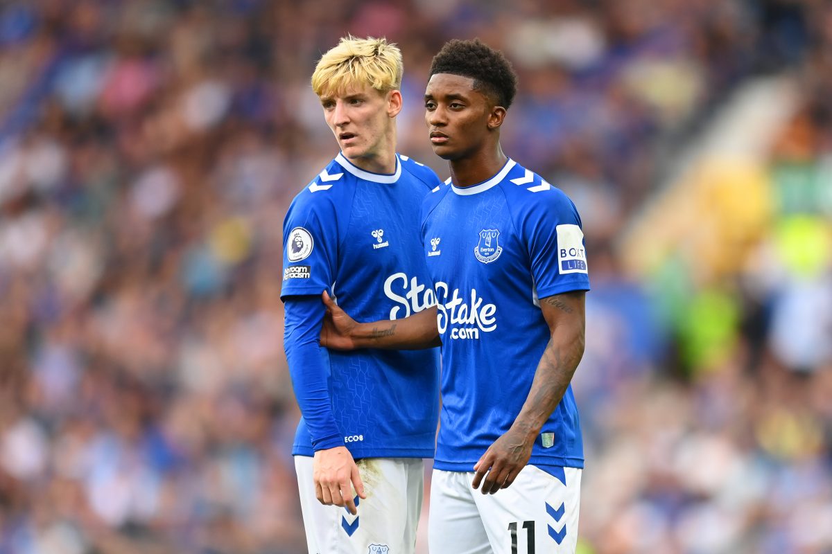 The Everton winger Demarai Gray with Anthony Gordon in an Everton jersey. (Photo by Michael Regan/Getty Images)