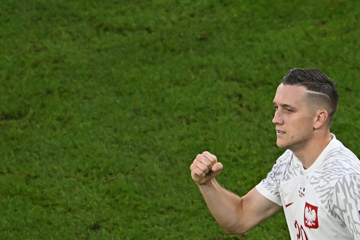 Piotr Zielinski celebrates after scoring his team's first goal during the 2022 World Cup Group against Saudi Arabia. (Photo by MANAN VATSYAYANA/AFP via Getty Images)