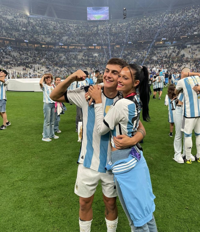 Oriana Sabatini celebrates with her partner Paulo Dybala after Argentina won against France in the 2022 FIFA World Cup final. (Credits: @Orianasabatini Instagram)