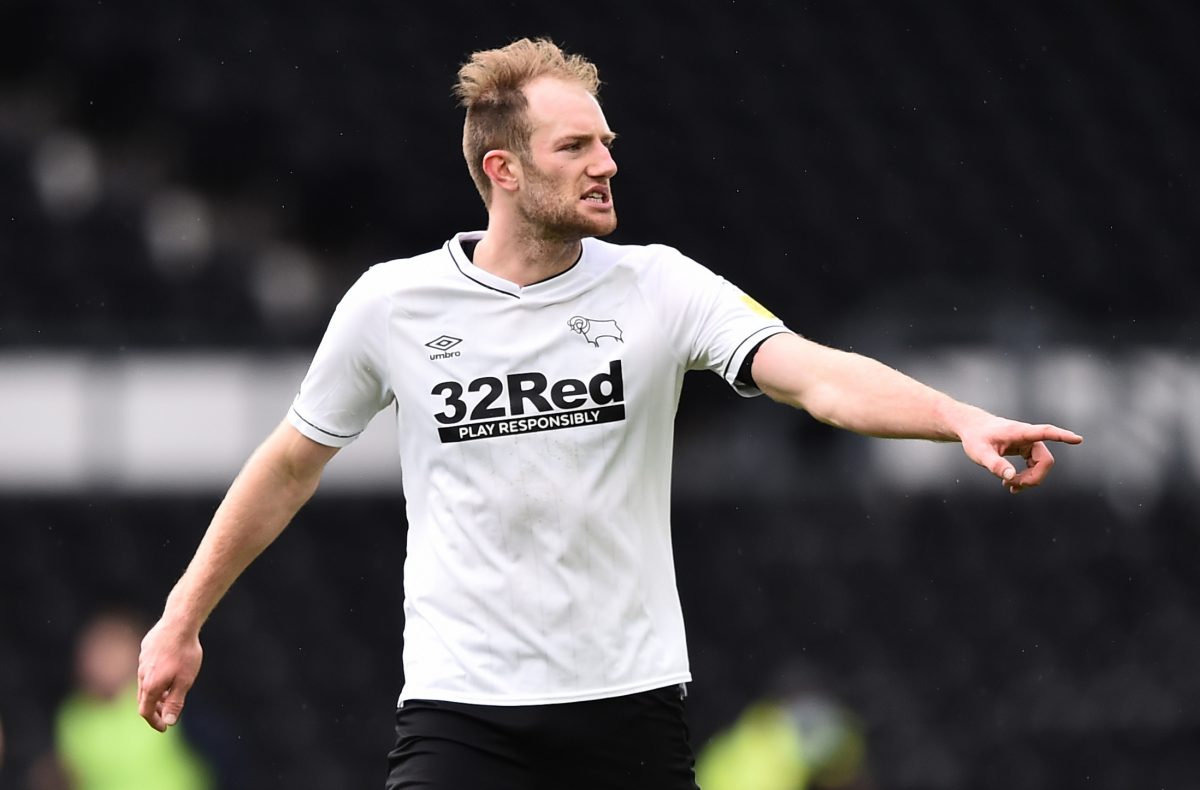 : Matthew Clarke of Derby gestures during the Sky Bet Championship match between Derby County and Millwall. (Photo by Nathan Stirk/Getty Images)