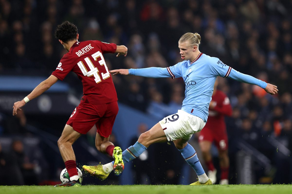 Stefan Bajcetic trying to defend Erling Halaand in the match of Liverpool against Man City in 2022. (Photo by Naomi Baker/Getty Images)