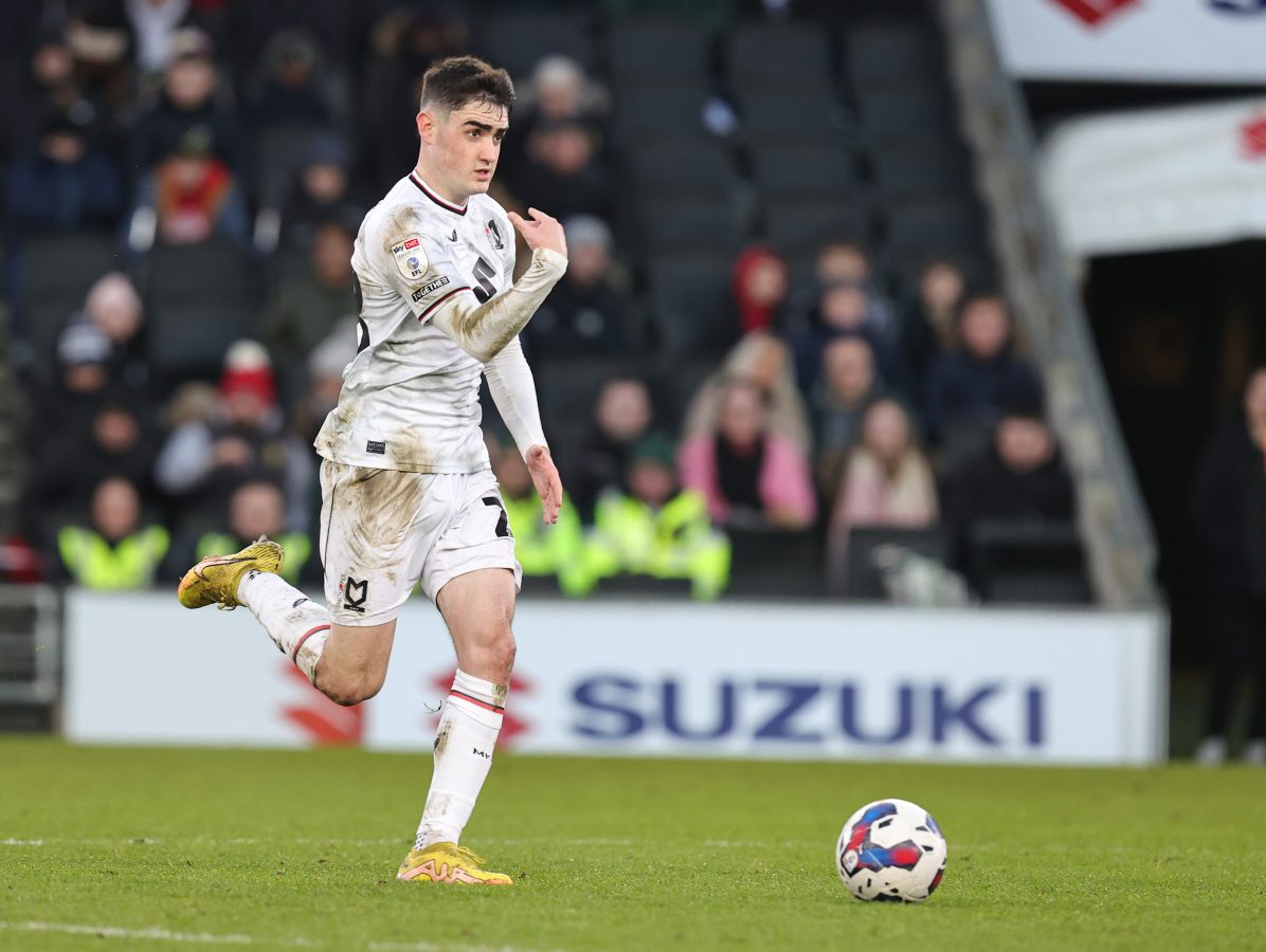 Louie Barry joined the EFL League One club Milton Keynes Dons on loan from the Premier League club Aston Villa in 2022. (Photo by Pete Norton/Getty Images)