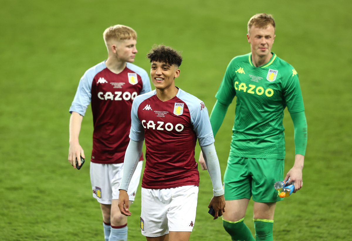Ben Chrisene of Aston Villa applauds fans during the FA Youth Cup Final between Aston Villa U18 and Liverpool U18 at Villa Park on May 24, 2021 in Birmingham, England. (Photo by Alex Pantling/Getty Images)