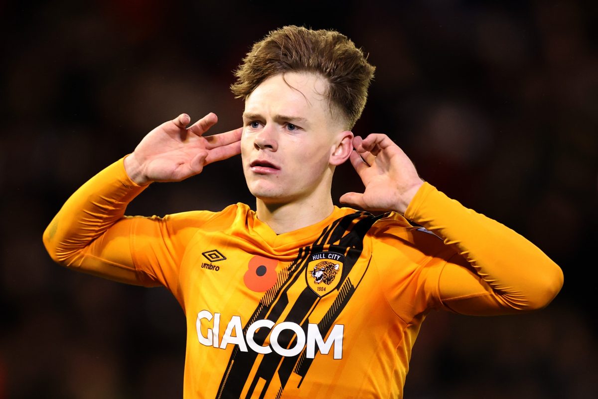 Keane Lewis-Potter of Hull City celebrates after scoring their side's second goal during the Sky Bet Championship match between Barnsley and Hull City at Oakwell Stadium on November 06, 2021 in Barnsley, England. (Photo by George Wood/Getty Images)