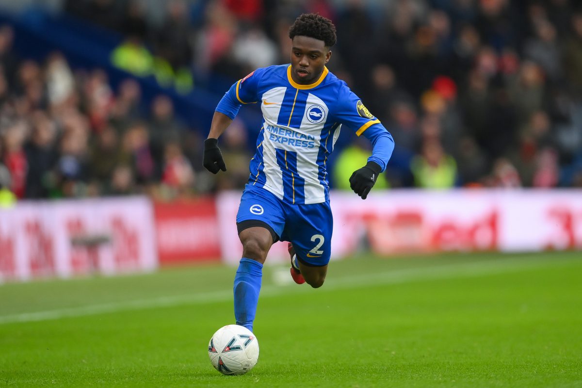 Tariq Lamptey of Brighton & Hove Albion in action during the Emirates FA Cup Fourth Round match between Brighton & Hove Albion and Liverpool at Amex Stadium on January 29, 2023 in Brighton, England. (Photo by Mike Hewitt/Getty Images)