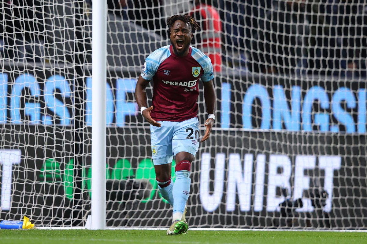 Maxwel Cornet of Burnley reacts after scoring a goal which is later disallowed during the Premier League match between Burnley and Leicester City. (Photo by Alex Livesey/Getty Images)