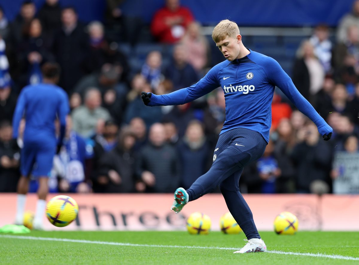 Lewis Hall of Chelsea warms up prior to the Premier League match between Chelsea FC and Southampton FC at Stamford Bridge on February 18, 2023 in London, England. (Photo by Julian Finney/Getty Images)