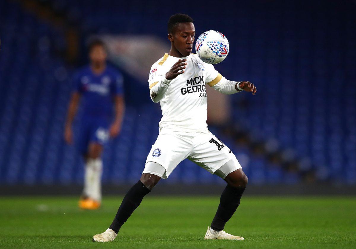 Siriki Dembele of Peterborough controls the ball during the Checkatrade Trophy third round match between Chelsea U21 and Peterborough United at Stamford Bridge on January 09, 2019 in London, England. (Photo by Alex Pantling/Getty Images)