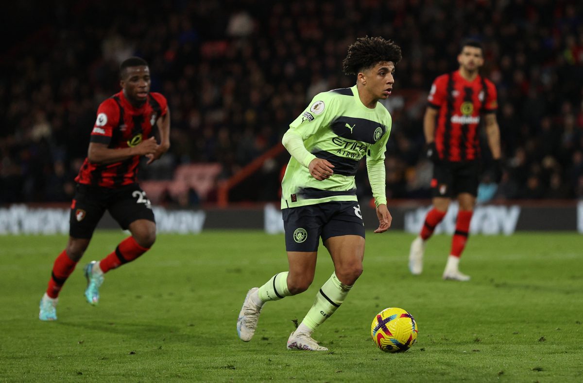 Manchester City's English defender Rico Lewis controls the ball during the English Premier League football match between Bournemouth and Manchester City at the Vitality Stadium in Bournemouth, southern England on February 25, 2023. (Photo by ADRIAN DENNIS / AFP) 