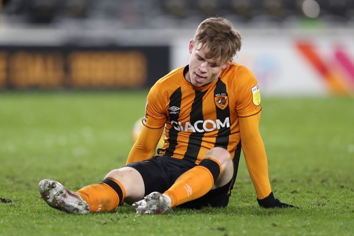 HULL, ENGLAND - FEBRUARY 09: Keane Lewis-Potter of Hull City reacts after missing a chance during the Sky Bet League One match between Hull City and Lincoln City at KCOM Stadium on February 09, 2021 in Hull, England.  (Photo by George Wood/Getty Images)