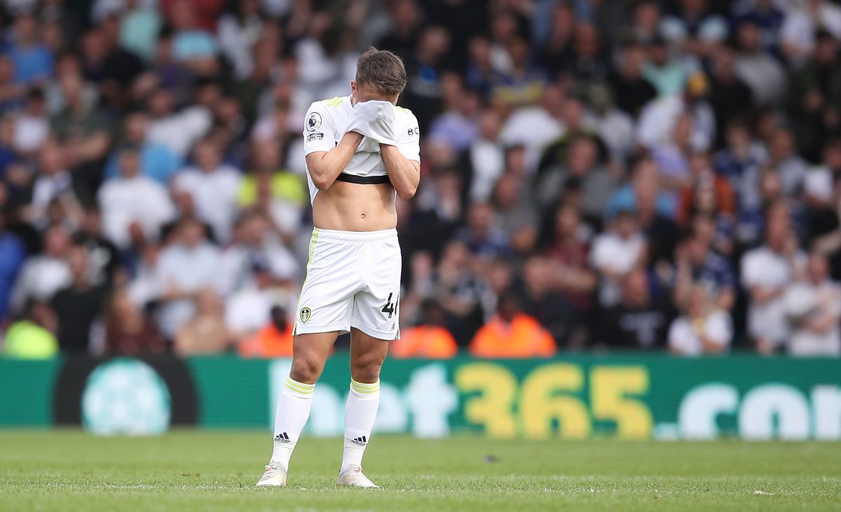 Jamie Shackleton of Leeds United reacts during the Premier League match between Leeds United and Brighton & Hove Albion at Elland Road on May 15, 2022 in Leeds, England. (Photo by George Wood/Getty Images)
