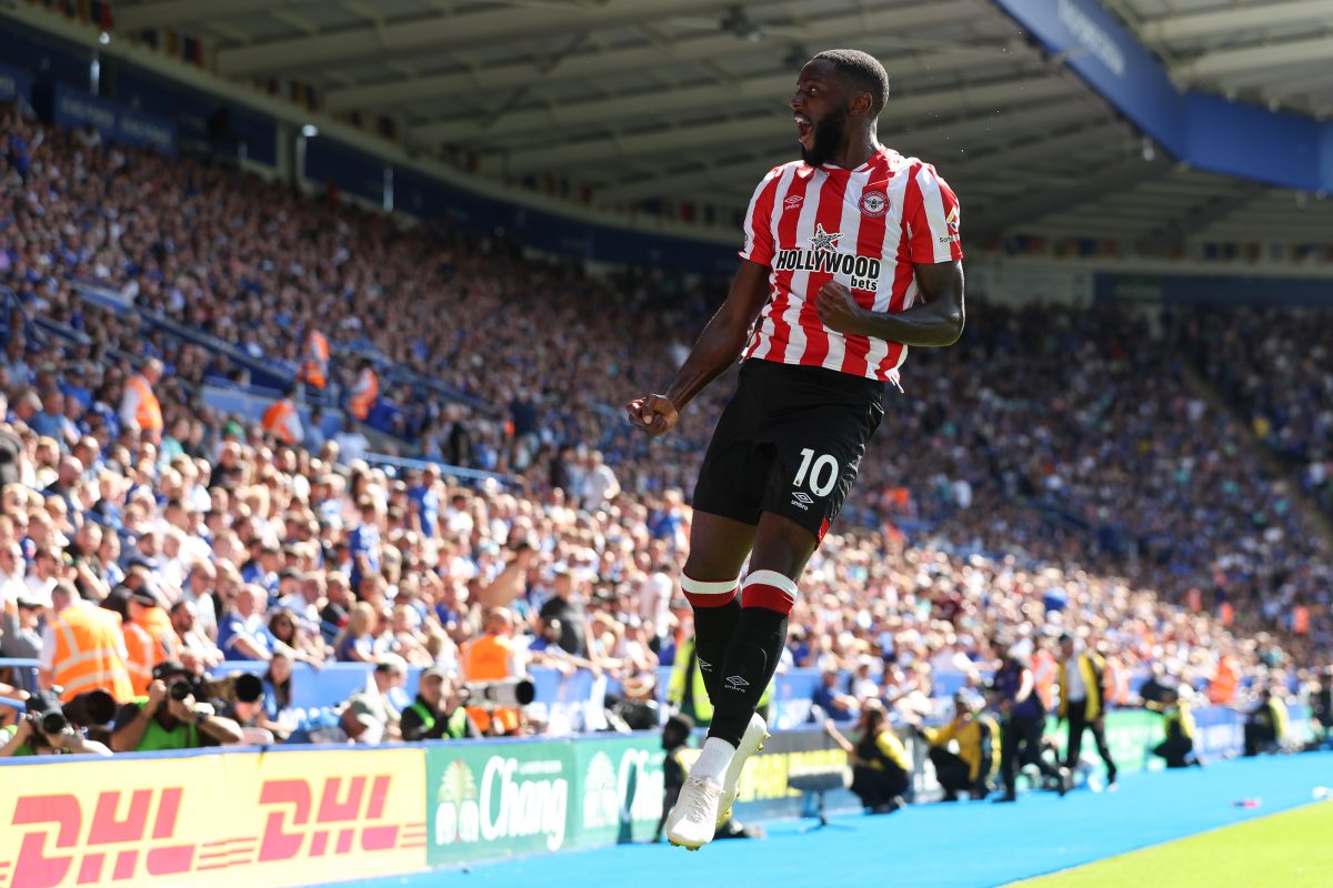 Josh Dasilva of Brentford celebrates scoring the 2nd during the Premier League match between Leicester City and Brentford FC at The King Power Stadium on August 6, 2022 in Leicester, United Kingdom. (Photo by Marc Atkins/Getty Images)