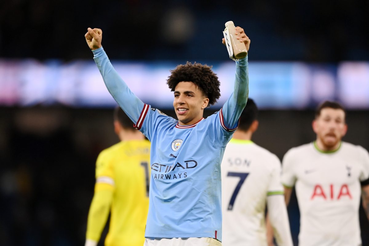 Rico Lewis of Manchester City celebrates victory following the Premier League match between Manchester City and Tottenham Hotspur at Etihad Stadium on January 19, 2023 in Manchester, England. (Photo by Michael Regan/Getty Images)
