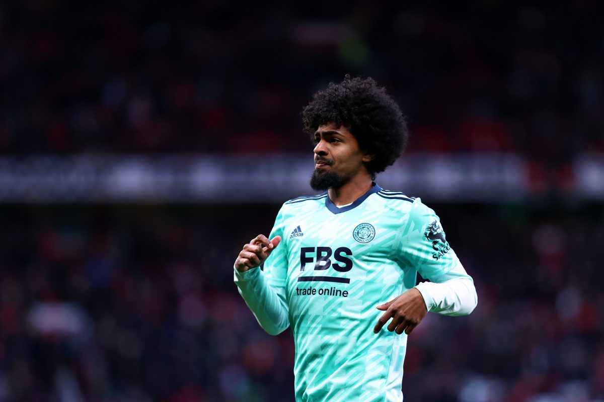 Hamza Choudhury of Leicester City looks on during the Premier League match between Manchester United and Leicester City at Old Trafford on April 02, 2022 in Manchester, England. (Photo by Naomi Baker/Getty Images)