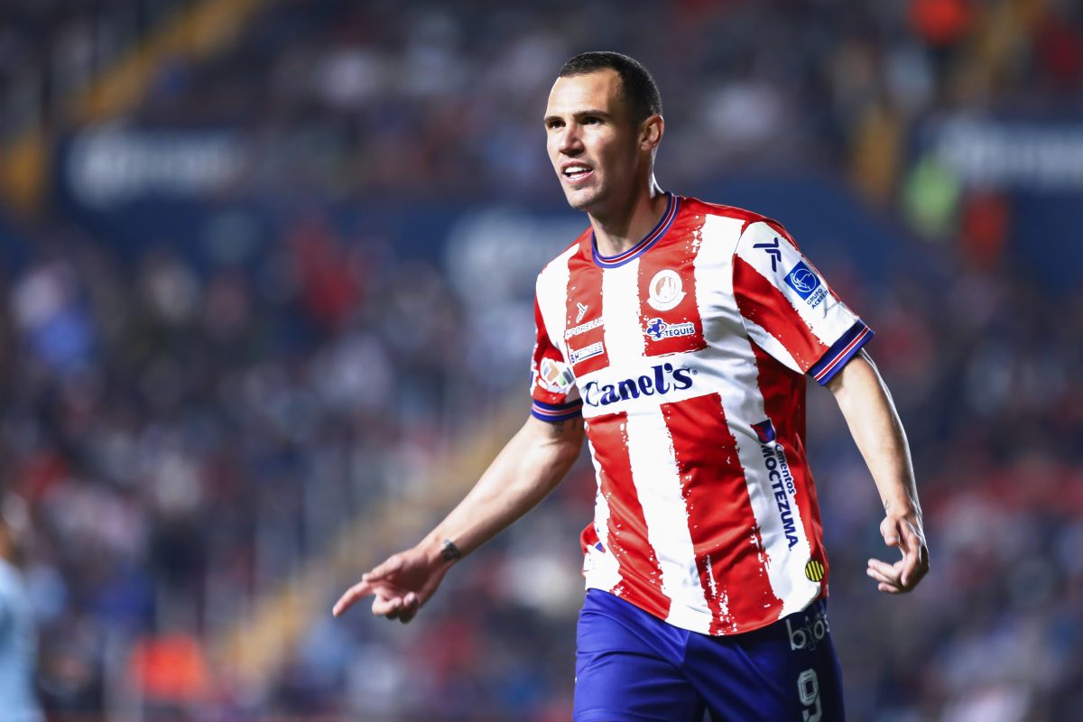 Leonardo Bonatini of Atletico San Luis celebrates after scoring the team's second goal during the 1st round match between Necaxa and Atletico San Luis as part of the Torneo Clausura 2023 Liga MX at Victoria Stadium on January 6, 2023 in Aguascalientes, Mexico. (Photo by Leopoldo Smith/Getty Images)