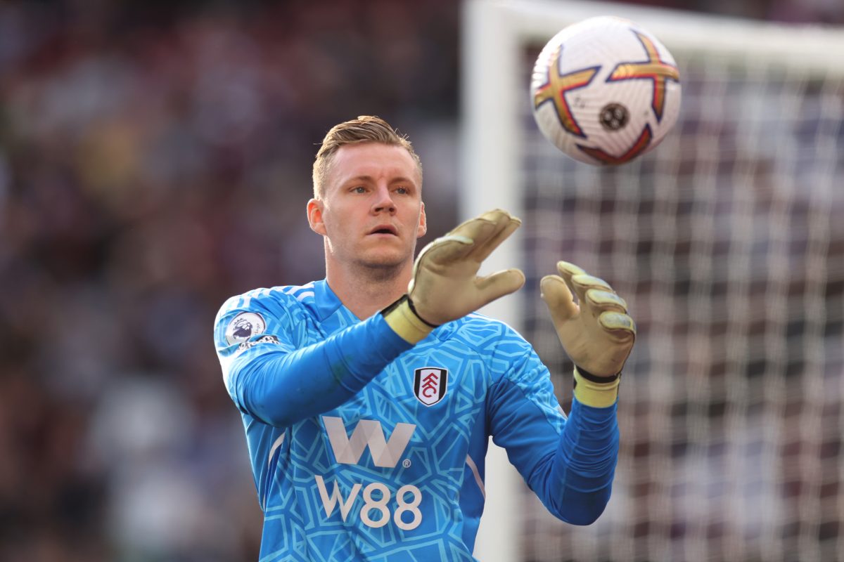 Bernd Leno of Fulham during the Premier League match between West Ham United and Fulham FC at London Stadium on October 09, 2022 in London, England. (Photo by Alex Pantling/Getty Images)
