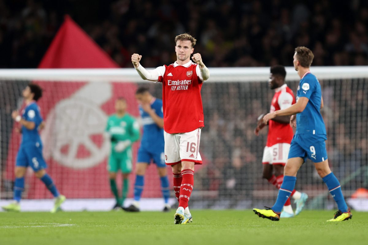 Rob Holding of Arsenal celebrates after victory in the UEFA Europa League group A match between Arsenal FC and PSV Eindhoven at Emirates Stadium on October 20, 2022 in London, England. (Photo by Julian Finney/Getty Images)