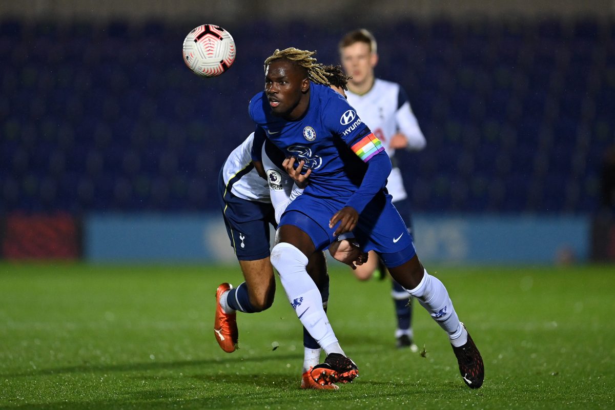 Dynel Simeu of Chelsea holds off Kion Etete of Tottenham Hotspur during the Premier League 2 match between Chelsea and Tottenham Hotspur at Kingsmeadow on December 14, 2020 in Kingston upon Thames, England. (Photo by Justin Setterfield/Getty Images)