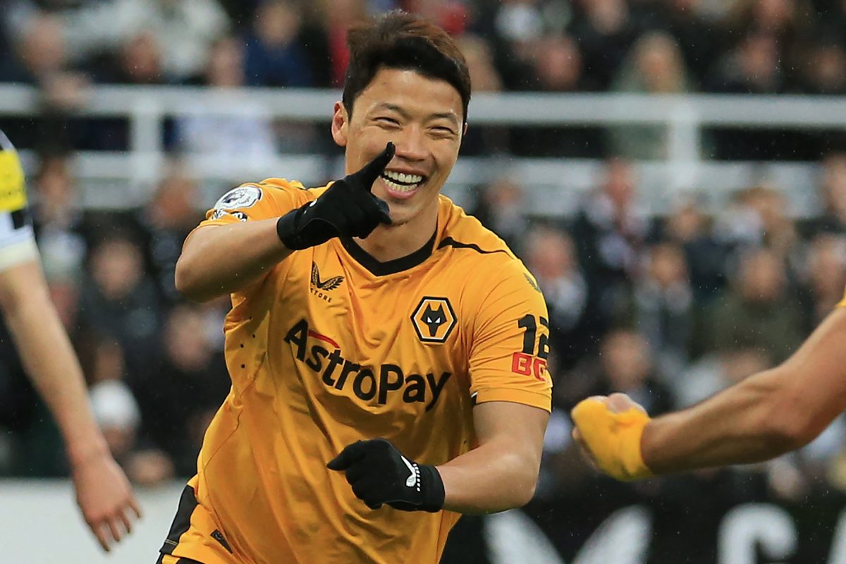 Hwang Hee-chan celebrates after scoring their first goal during the English Premier League football match between Newcastle United and Wolverhampton Wanderers. (Photo by LINDSEY PARNABY/AFP via Getty Images)