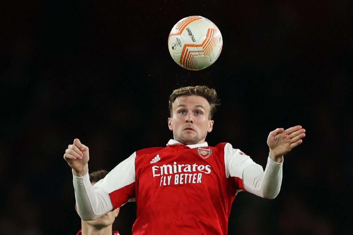 Arsenal's English defender Rob Holding heads the ball during the UEFA Europa League Group A football match between Arsenal and PSV Eindhoven at The Arsenal Stadium in London, on October 20, 2022. (Photo by ADRIAN DENNIS / AFP) (Photo by ADRIAN DENNIS/AFP via Getty Images)