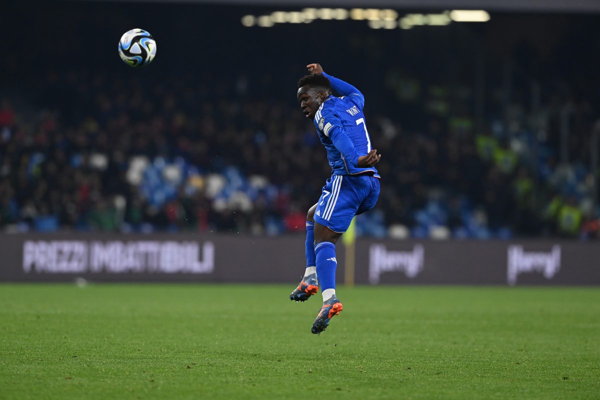 Wilfried Gnonto of Italy in action during the UEFA EURO 2024 qualifying round group C match between Italy and England at Stadio Diego Armando Maradona on March 23, 2023 in Naples, Italy. (Photo by Claudio Villa/Getty Images )