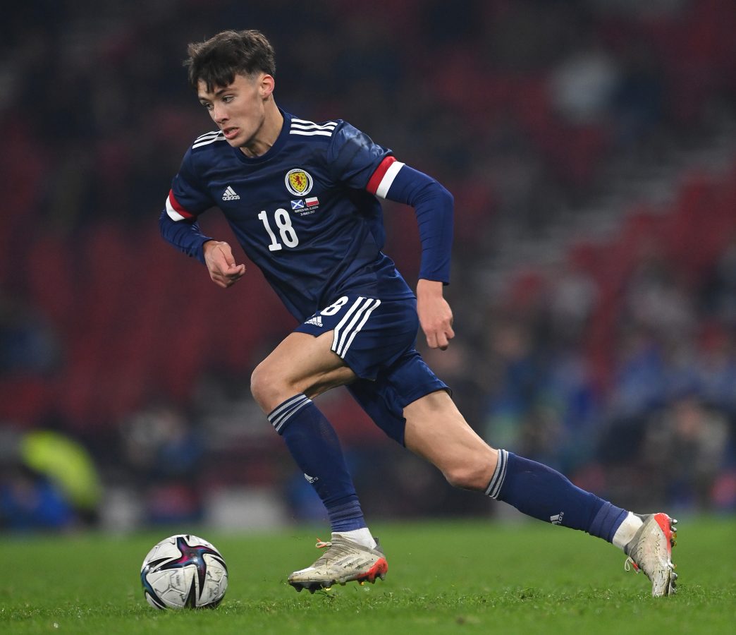 Scotland player Aaron Hickey in action during the international friendly match between Scotland and Poland at Hampden Park on March 24, 2022 in Glasgow, Scotland. (Photo by Stu Forster/Getty Images)