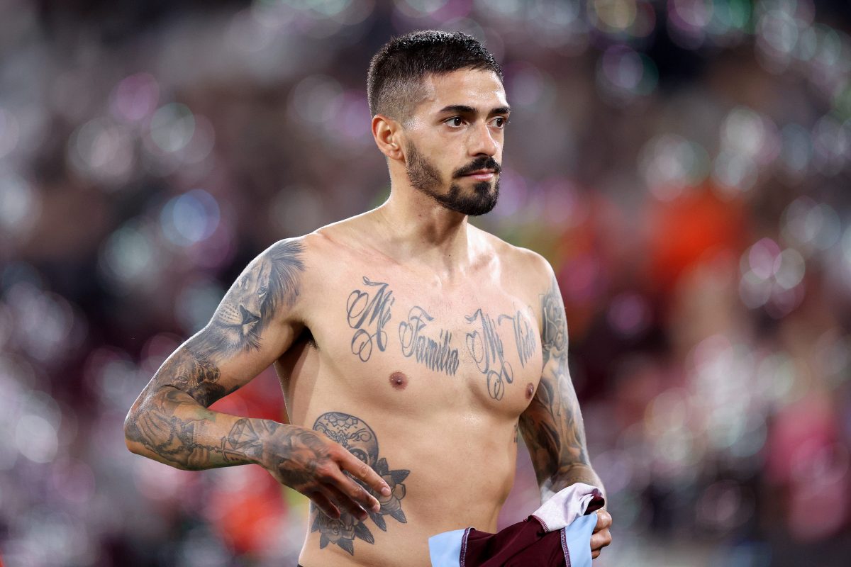 Manuel Lanzini of West Ham United reacts after their sides victory during the UEFA Europa Conference League group B match between West Ham United and Silkeborg IF at London Stadium on October 27, 2022 in London, England. (Photo by Alex Pantling/Getty Images)