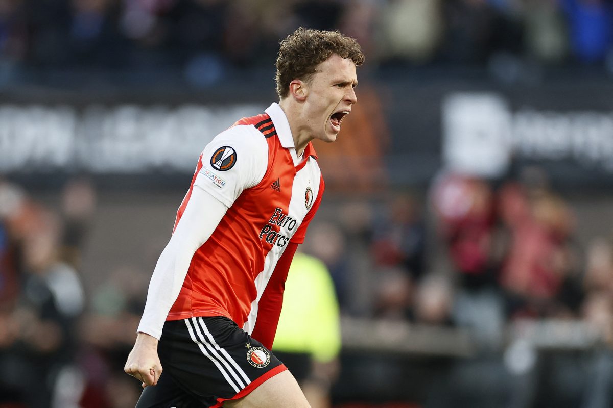Mats Wieffer  celebrates the opening goal  during the UEFA Europa League first leg quarter-final football match between Feyenoord Rotterdam and AS Roma at Feyenoord Stadion. (Photo by PIETER STAM DE JONGE/ANP/AFP via Getty Images)