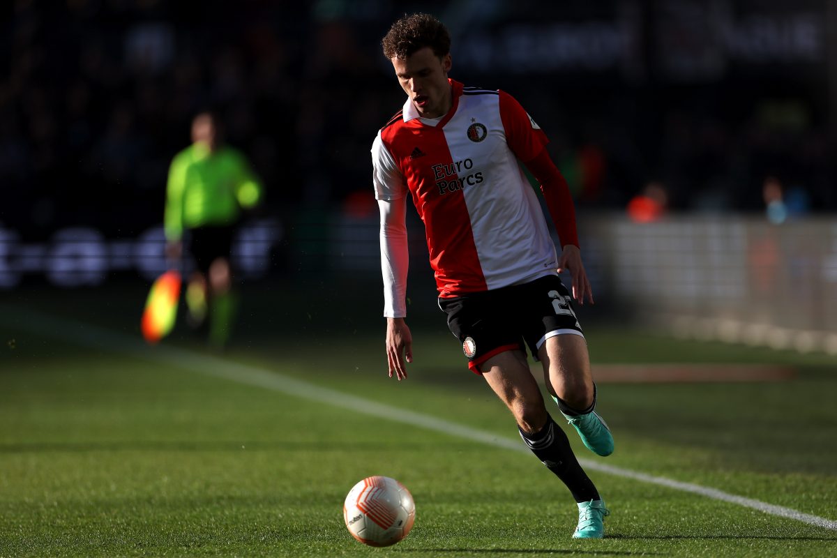 Mats Wieffer of Feyenoord during the UEFA Europa League quarterfinal first leg match between Feyenoord and AS Roma (Photo by Dean Mouhtaropoulos/Getty Images)