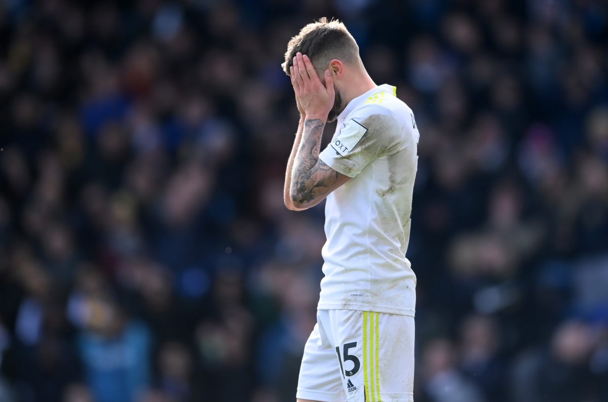 Stuart Dallas of Leeds United reacts after a missed chance during the Premier League match between Leeds United and Tottenham Hotspur. (Photo by Laurence Griffiths/Getty Images)