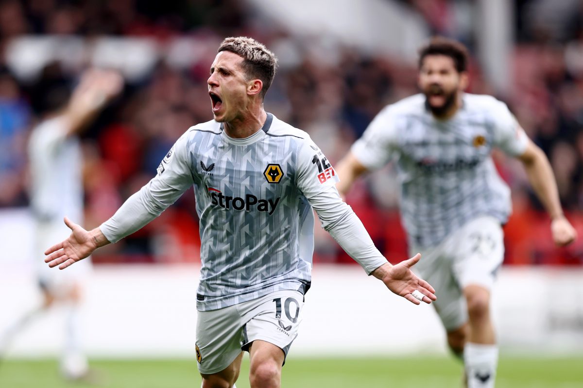 Daniel Podence of Wolverhampton Wanderers celebrates after scoring the team's first goal during the Premier League match between Nottingham Forest and Wolverhampton Wanderers. (Photo by Naomi Baker/Getty Images)