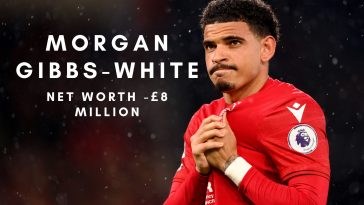Morgan Gibbs-White of Nottingham Forest clutches the emblem.