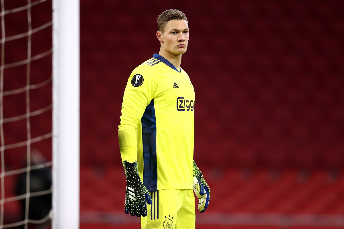 Goalkeeper, Kjell Scherpen of Ajax looks on during the UEFA Europa League Quarter Final First Leg match between Ajax and AS Roma. (Photo by Dean Mouhtaropoulos/Getty Images)