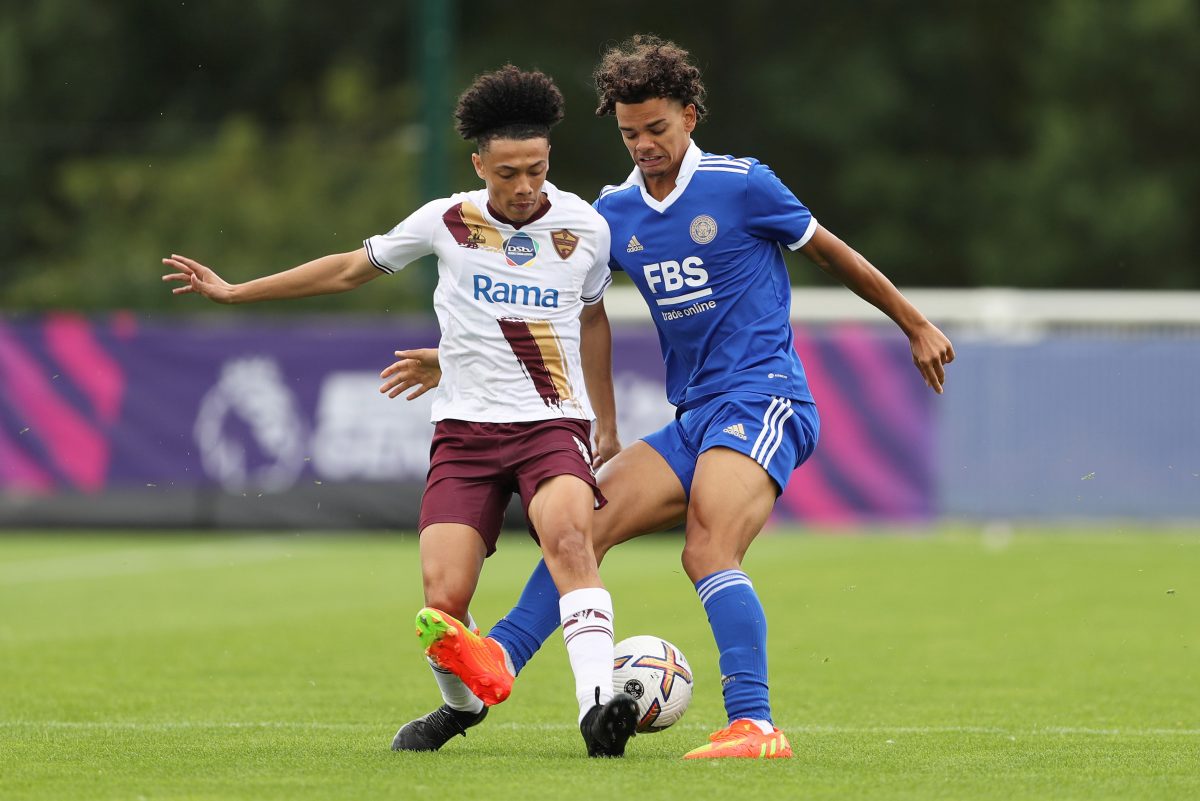 Brandon Cover of Leicester City is challenged by Thato Lucas of Stellenbosch FC during the Next Gen Cup Final match between Leicester City and Stellenbosch FC. (Photo by Cameron Smith/Getty Images)