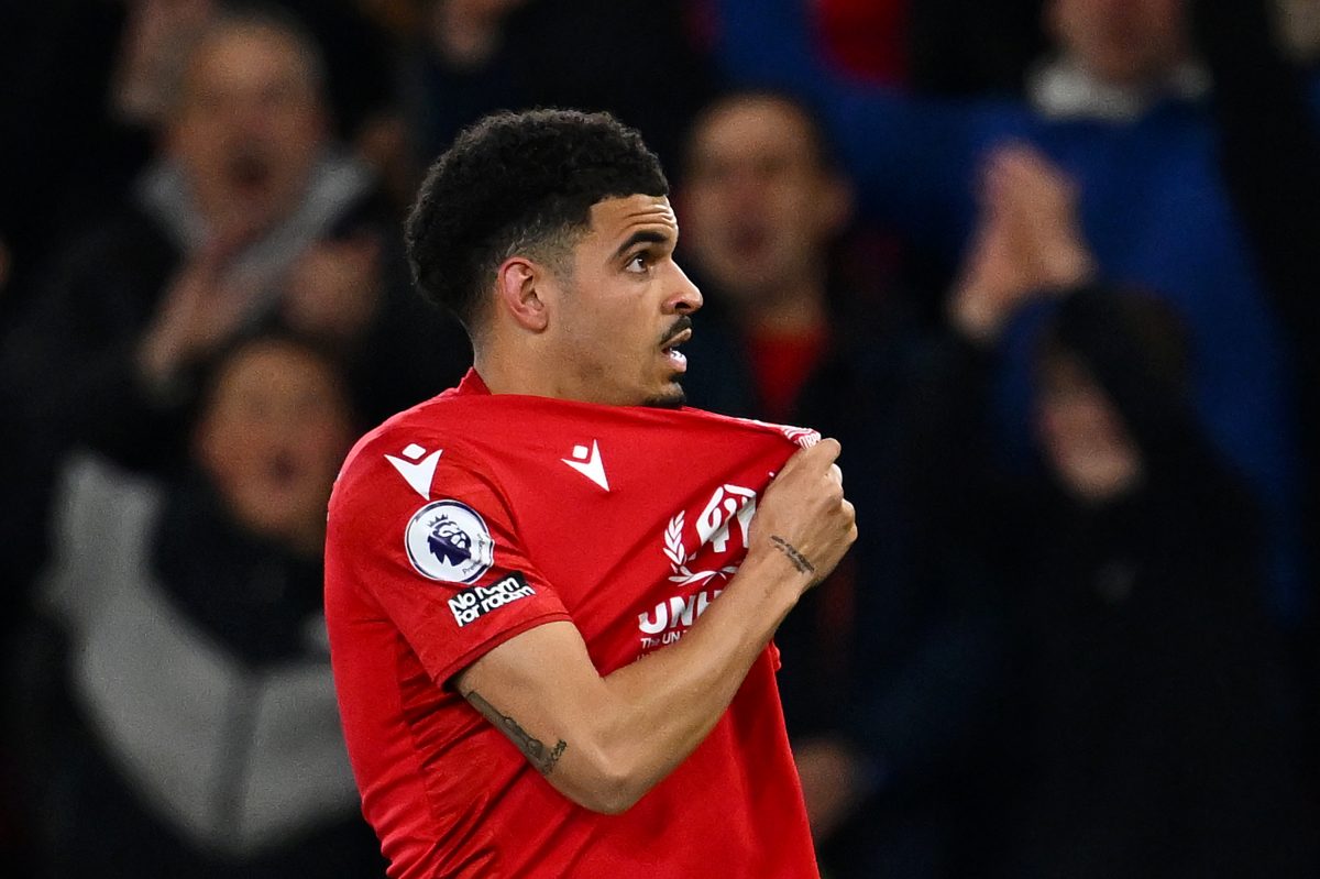 Morgan Gibbs-White celebrates after scoring the team's third goal during the Premier League match between Nottingham Forest and Brighton & Hove Albion. (Photo by Clive Mason/Getty Images)